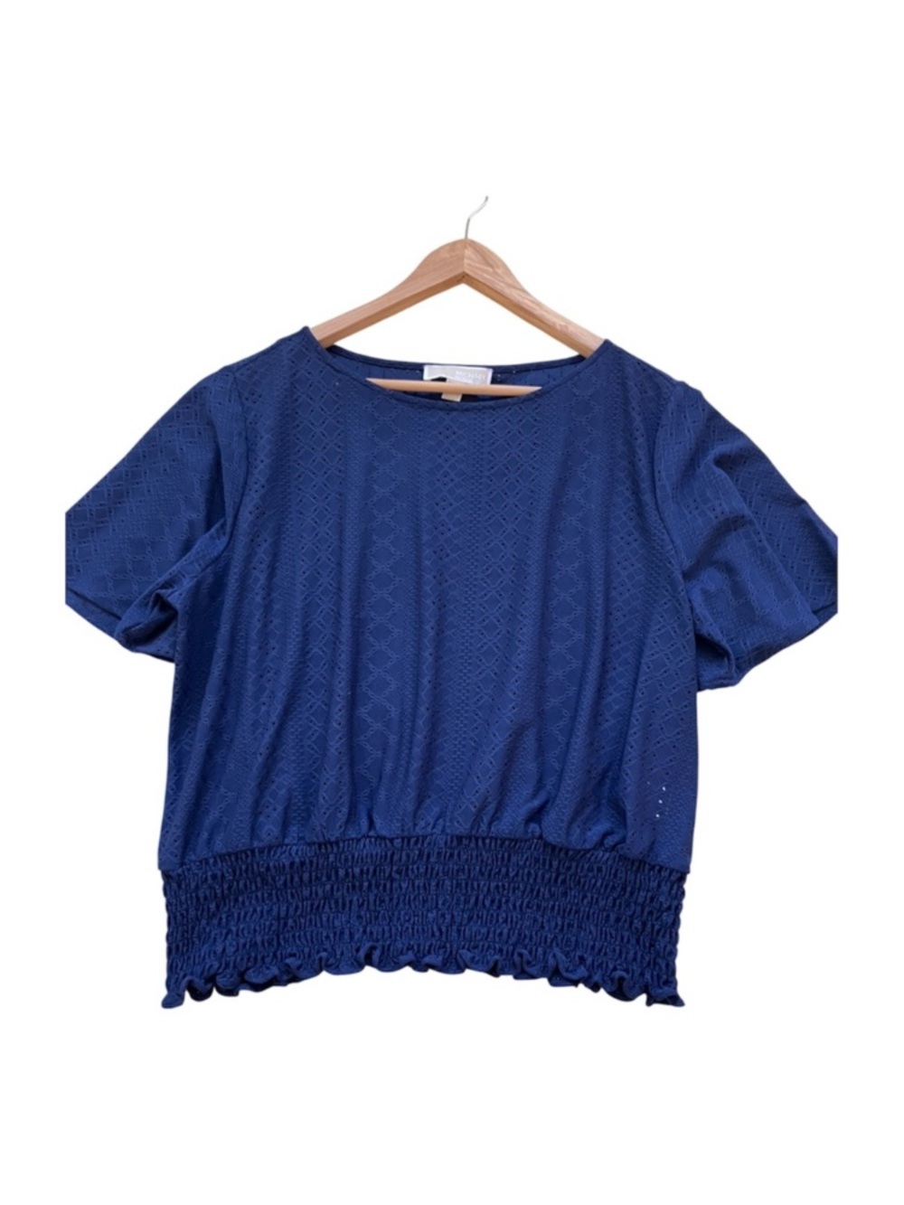 Michael Kors Navy Eyelet Short Sleeve Blouse with Smocked Waist Size L